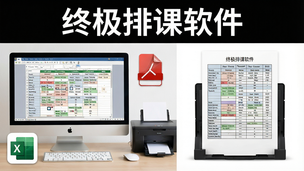一幅展示终极排课软件课表导出与打印功能的图片,画面中左侧是电脑屏幕显示课表预览,右侧是打印出来的纸质课表,布局为左右对比结构,风格为办公写实风格,细节上体现Excel图标、PDF图标、打印机设备、整齐的课程表格,顶部标注“终极排课软件”字样,画质清晰,干净无多余元素。
