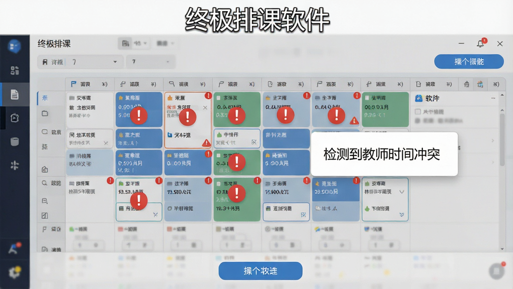 一张展示终极排课软件冲突检测功能的图片,画面中显示一个课程表界面,部分课程格子标有红色感叹号提示冲突,旁边弹出提示框显示“检测到教师时间冲突”,布局为居中展示软件界面截图风格,风格为写实UI界面,细节上体现课程卡片、红色警示标记、底部操作按钮,顶部有“终极排课软件”标题,画质高清,干净整洁。