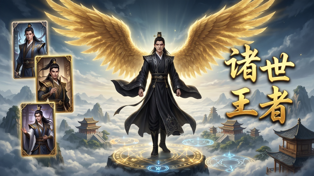 画面中央展示一位身穿玄色仙袍的修仙者立于云海之巅,身后浮现巨大的金色羽翼,下方是层叠的仙山楼阁与流光法阵,画面左侧排列着三位不同职业的仙友角色卡牌,右侧悬浮着“诸世王者”四个鎏金大字,整体采用国风仙侠写实风格,细节丰富,光影层次分明,画质高清,干净无多余元素