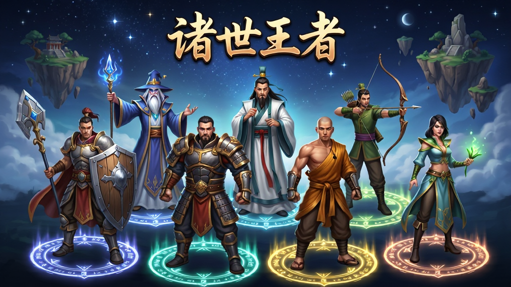 六位不同职业的仙侠角色呈两排站立,前排是持盾战士与重甲武僧,后排是法师、道士、弓手与辅助,角色脚下有光环法阵,背景是星空与漂浮的仙岛,画面顶部居中显示“诸世王者”艺术字,策略卡牌游戏风格,构图均衡,画质高清,干净整洁