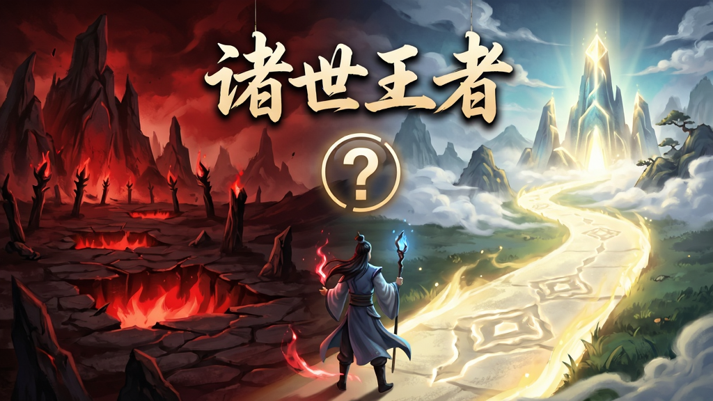 一位新手修仙者站在岔路口,左侧是布满陷阱的暗红色区域,右侧是光芒明亮的仙路,画面中央悬浮着“诸世王者”标题与一个问号图标,国风仙侠教学引导风格,色彩对比鲜明,构图简洁,画质高清,干净无多余元素