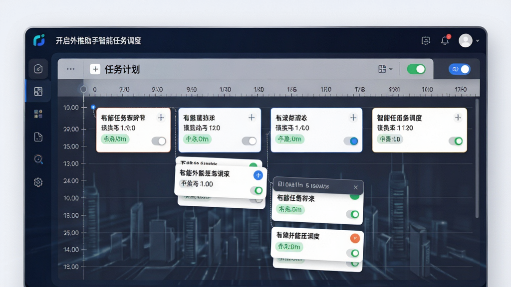 一张展示开启外推助手智能任务调度功能的图片,主体为软件界面中的任务计划表,布局为时间轴与任务卡片结合,排版清晰,风格为商务科技风,细节包括时间刻度、任务状态标签、开关按钮,画质高清,干净,无多余元素