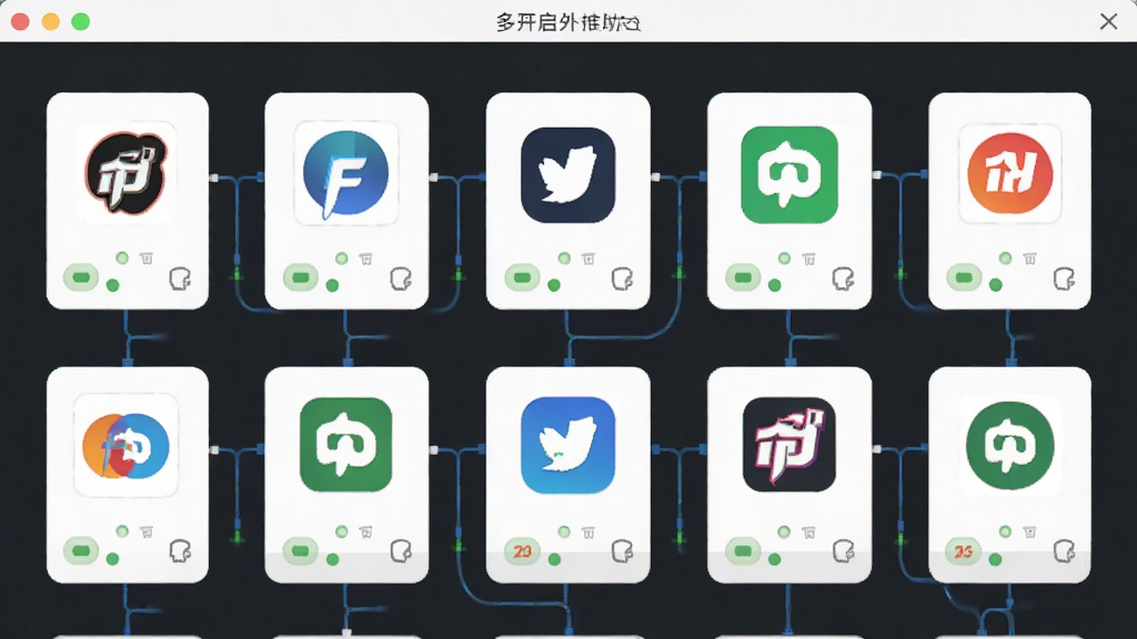 一张展示开启外推助手多平台外推功能的图片,主体为软件界面中多个平台图标排列,布局为网格状,排版整齐,风格为扁平化设计,细节包括平台Logo、推送状态指示灯、连接线,画质高清,干净,无多余元素