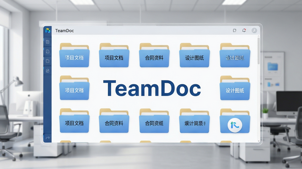 TeamDoc文档集中存储功能展示图,画面中展示一个虚拟的文件服务器界面,多个文件夹整齐排列,文件夹上标注“项目文档”“合同资料”“设计图纸”等标签,画面中央有“TeamDoc”软件名称,背景为浅灰色办公环境,风格简洁现代,布局清晰,细节丰富,干净无多余元素,高清画质。