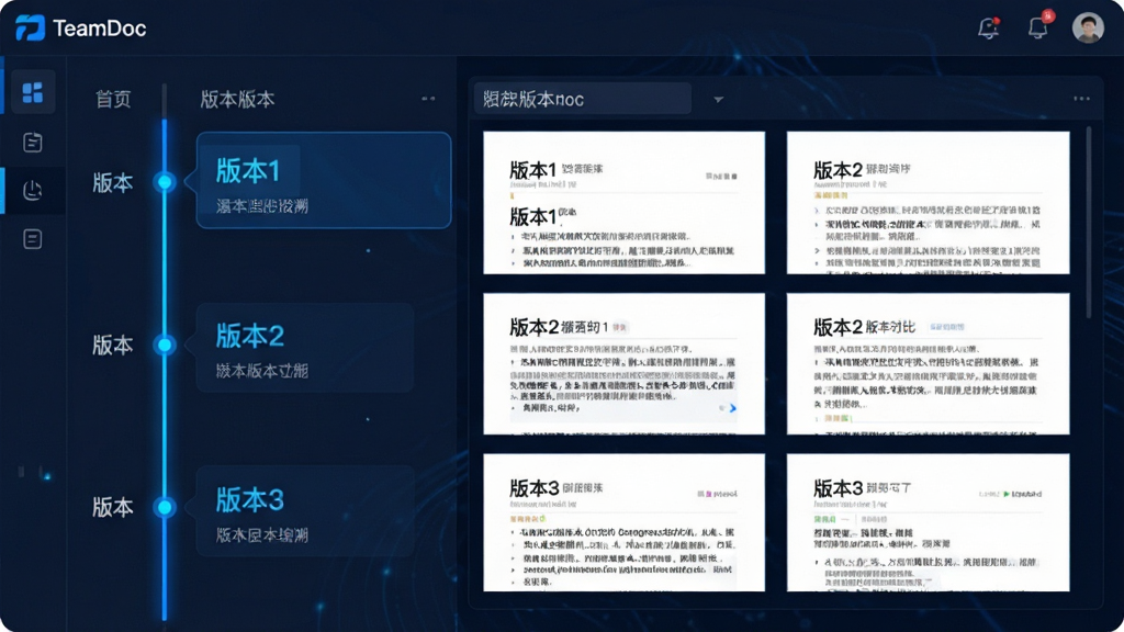 TeamDoc版本历史回溯功能界面图,画面展示一个文档版本列表,左侧为时间轴,右侧显示不同版本的文档内容对比,标注“版本1”“版本2”“版本3”,界面中有“TeamDoc”标识,风格为商务科技感,蓝色高亮线条,布局清晰,排版规整,干净无多余元素,高清画质。