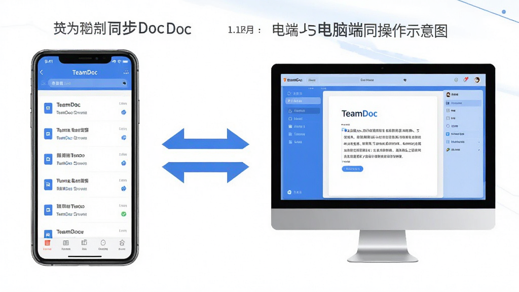 TeamDoc移动端与电脑端同步操作示意图,画面左侧为手机屏幕显示TeamDoc移动端文档列表,右侧为电脑屏幕显示TeamDoc桌面端界面,中间用双向箭头连接表示同步,界面中带有“TeamDoc”字样,风格为扁平化科技风,蓝白配色,布局对称,细节清晰,干净无多余元素,高清画质。