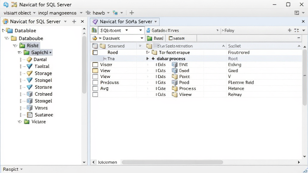 一张展示 Navicat for SQL Server 可视化数据库管理界面的图片,主体是数据库对象树形列表和表结构设计器,布局为左侧对象导航、右侧字段属性面板,排版清晰,风格为专业软件界面风,细节包含表、视图、存储过程图标,画质清晰,干净,无多余元素