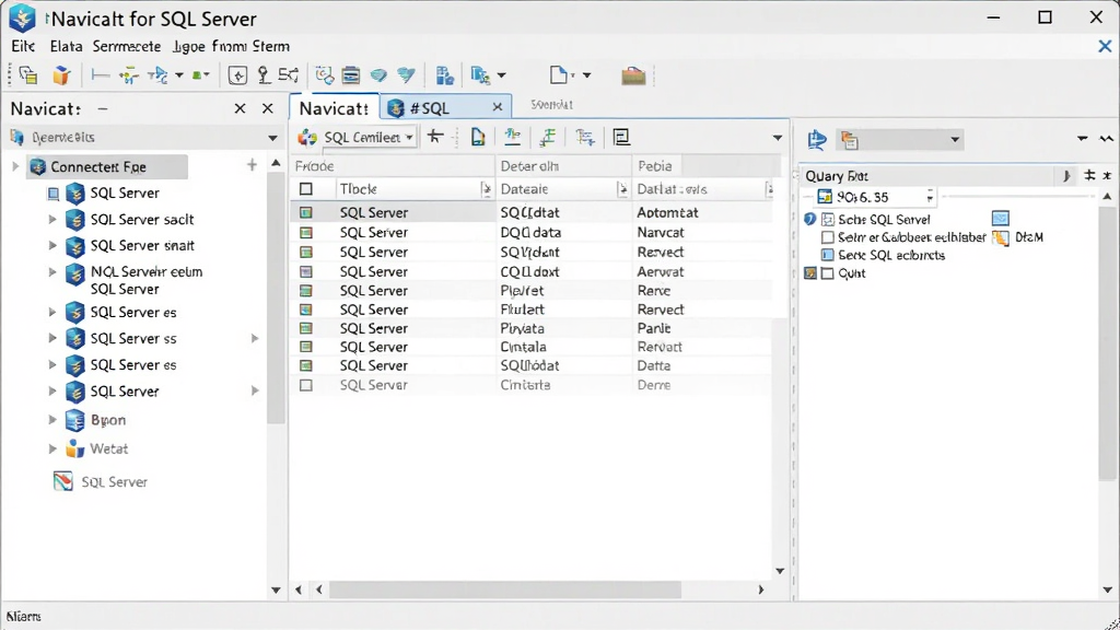 一张展示 Navicat for SQL Server 软件主界面的图片,主体是软件窗口,布局为左侧连接列表、中间数据表网格、顶部菜单工具栏,排版整齐,风格为现代商务科技风,细节包含 SQL Server 数据库图标、数据表格、查询编辑器,画质清晰,干净,无多余元素