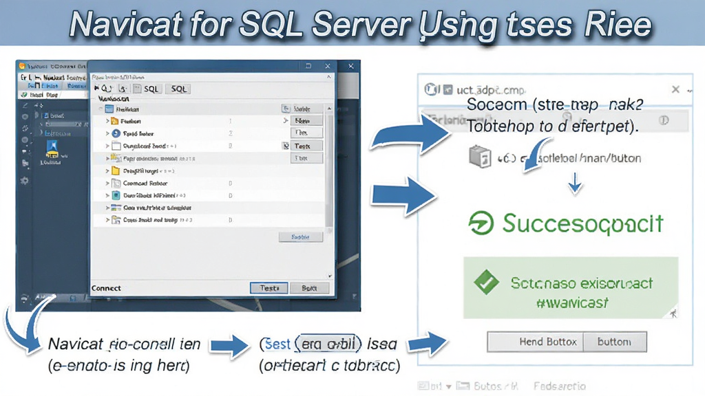 一张展示 Navicat for SQL Server 使用指南的图片,主体是软件操作步骤截图和提示文字,布局为分步说明、箭头指引,排版清晰,风格为教程说明风,细节包含连接窗口、测试按钮、成功提示,画质清晰,干净,无多余元素