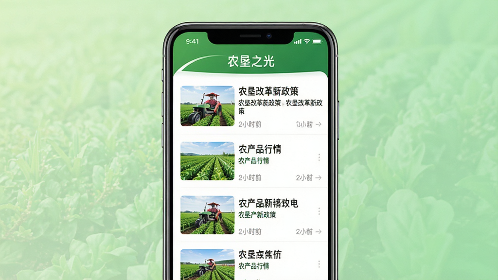 画面中央一部手机展示农垦之光App的新闻列表页面,页面标题为
