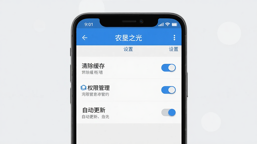 一部安卓手机展示农垦之光App的设置页面,页面中可见