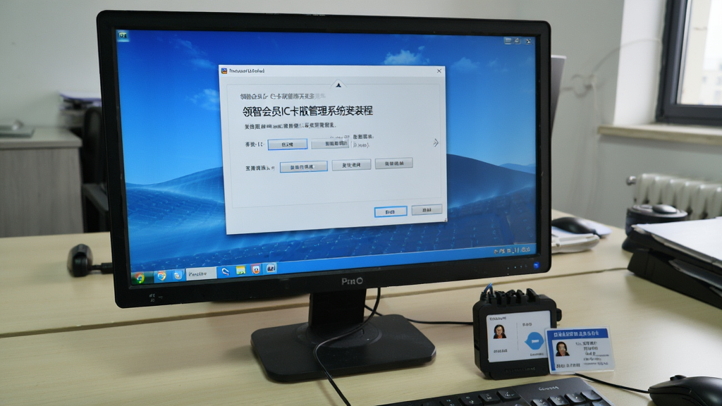 一张展示领智会员IC卡版管理系统安装过程的图片,电脑屏幕上显示软件安装向导界面,旁边放着IC卡读卡器和一张IC卡,背景为办公桌面,风格为写实教程风,画面清晰,光线充足,无多余元素