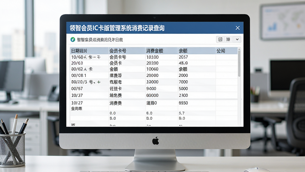 一张展示领智会员IC卡版管理系统消费记录查询界面的图片,电脑屏幕上显示详细的消费流水表格,包含日期、会员卡号、消费金额、余额等列,界面整洁清晰,背景为办公室环境,风格为写实商务风,画质清晰干净,无多余元素