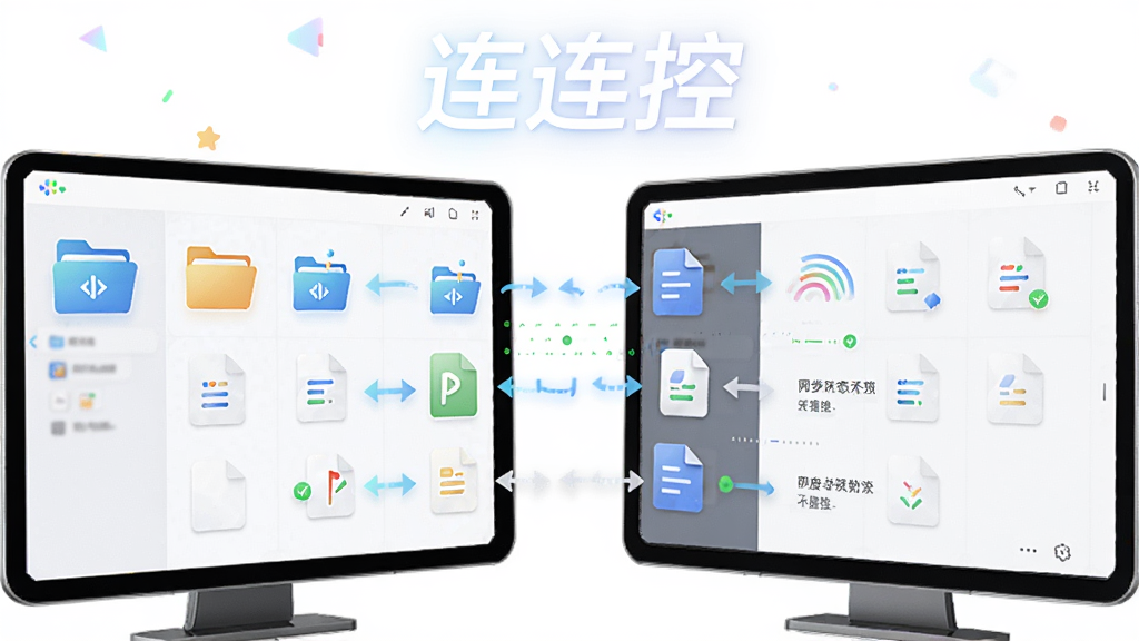 画面中央展示两台设备屏幕之间有多条文件图标和文字片段在流动,软件名称“连连控”显示在画面顶部,布局为左右交互式,风格轻快明亮,细节包括文件夹图标、文档符号、箭头指示和同步状态标识,画质细腻,干净整洁,无多余元素