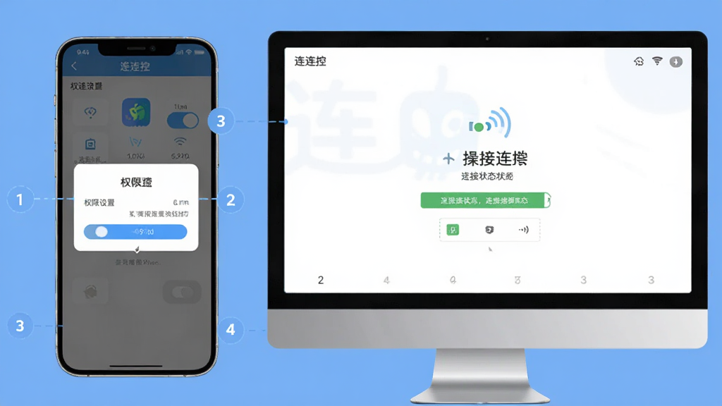 画面中央展示一部手机和一台电脑屏幕同时显示“连连控”的操作界面,手机屏幕上有权限设置弹窗,电脑屏幕上有连接状态提示,布局为上下分层式,风格教学指引风,细节包括权限开关图标、网络信号标识和操作步骤数字标注,画质清晰,干净整洁,无多余元素