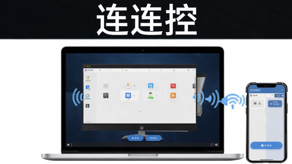 画面中央展示一台笔记本电脑和一部智能手机通过无线信号相连,屏幕内呈现远程桌面控制界面,软件名称“连连控”以白色字体显示在画面上方,整体布局左右对称,风格简洁科技感,细节包括信号波纹图标、设备边框和操作按钮,画质清晰干净,无多余元素