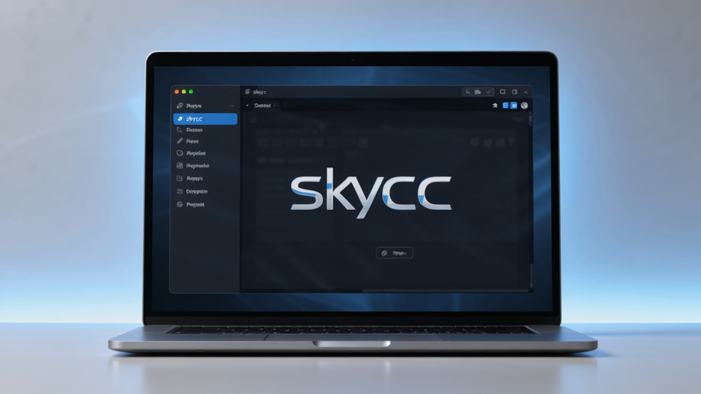 主体为一台打开的笔记本电脑屏幕,屏幕中央显示“skycc”软件主界面,界面左侧为功能导航栏,右侧为内容展示区域,布局简洁清晰,排版采用居中构图,风格为现代科技感,细节上屏幕周围有淡蓝色光晕,桌面干净无杂物,画质高清,干净,无多余元素