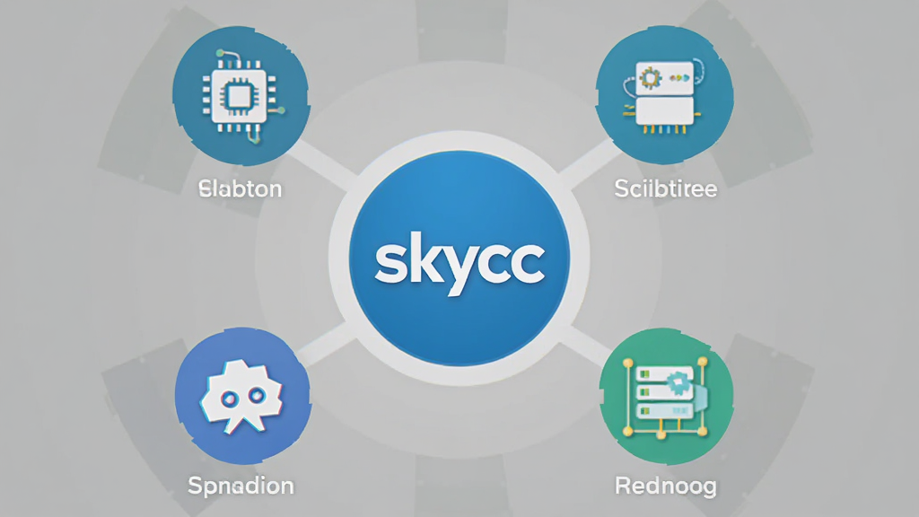主体为“skycc”软件功能模块展示图,画面中央是一个圆形图标,周围环绕四个功能小图标,布局呈放射状排列,排版对称,风格为扁平化设计,细节上每个图标下方有简短的文字标注,画质高清,干净,无多余元素