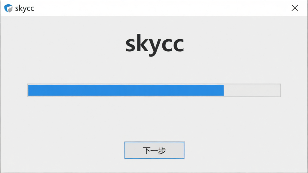 主体为“skycc”软件安装向导界面,画面中央为安装进度条,下方有“下一步”按钮,布局上下结构,排版居中,风格为简洁商务风,细节上进度条显示为蓝色填充,背景为浅灰色,画质高清,干净,无多余元素