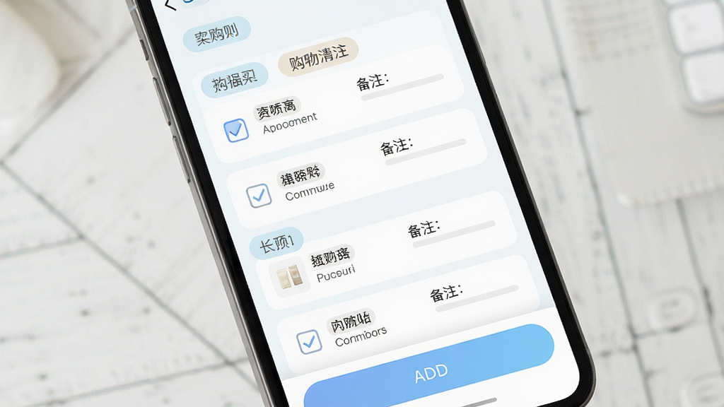 һ��չʾ������APP�����嵥���������ͼƬ������Ϊ�ֻ���Ļ��д����Ļ����ʾ�����嵥ҳ�棬�嵥�������ǩ���飬ÿ������������Ʒ��Ŀ��ÿ��������ѡ����Ʒ���ƺͱ�ע������ײ������Ӱ�ť�����岼��Ϊ�����б����������ǳɫ��ϸ�ڰ���Բ�Ǳ�ǩ����ͱ���ɫ�����ʸ��壬����ɾ����޶���Ԫ��
