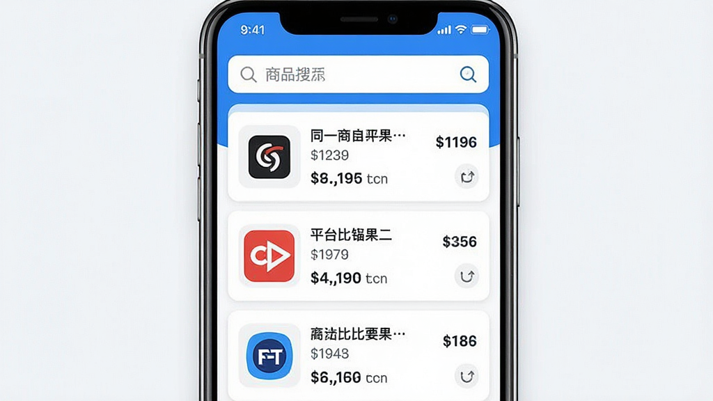 һ��չʾ������APP��Ʒ�ȼ۹��ܵĽ����ͼ����������Ϊ�ֻ���Ļ����Ļ����ʾͬһ��Ʒ��������ͬƽ̨�ıȼ۽�����۸�ӵ͵������У�ÿ���������ƽ̨ͼ��ͼ۸����֣����涥������Ʒ���������岼��Ϊ�����б�����������죬��ɫ������Ϊ����ϸ�����������ʸ��壬����ɾ����޶���Ԫ��