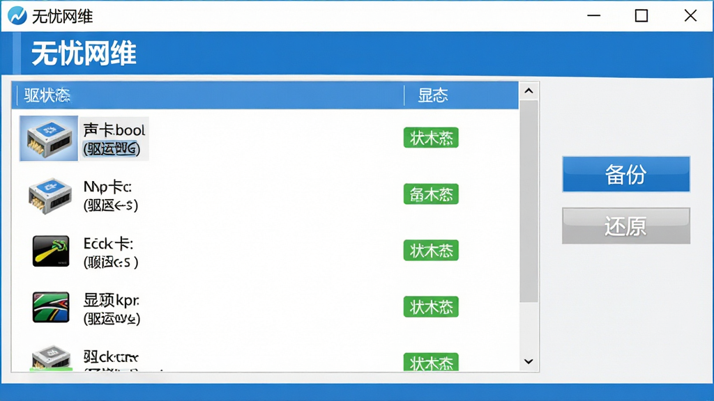 一张展示无忧网维驱动管理功能的图片,画面中软件界面显示驱动列表,包括声卡、网卡、显卡等驱动项及其状态,界面以蓝色和白色为主色调,右侧有备份和还原按钮,软件名称“无忧网维”显示在窗口上方,风格为软件功能截图,细节包括驱动图标、状态标签、操作按钮,画质清晰,干净,无多余元素