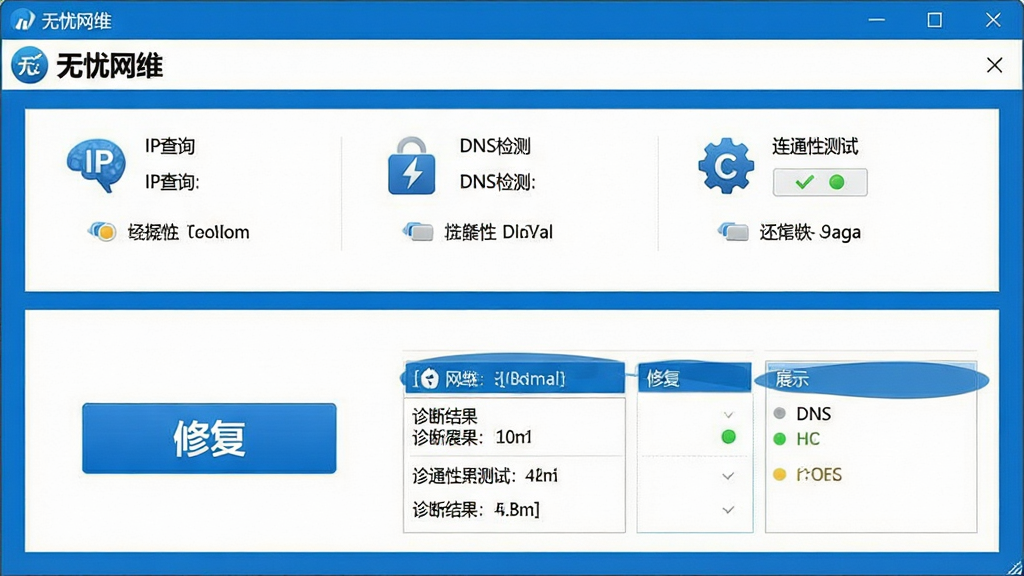 一张展示无忧网维网络诊断功能的图片,画面中软件界面显示网络诊断工具面板,包含IP查询、DNS检测、连通性测试等选项,界面以蓝色和白色为主色调,下方有修复按钮和诊断结果展示区,软件名称“无忧网维”显示在窗口标题栏,风格为软件功能截图,细节包括网络图标、状态指示、操作按钮,画质清晰,干净,无多余元素