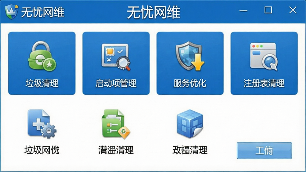 一张展示无忧网维常用工具集成面板的图片,画面中软件界面显示多个工具图标排列,包括垃圾清理、启动项管理、服务优化、注册表清理等,界面以蓝色和白色为主色调,图标风格统一,软件名称“无忧网维”显示在窗口上方,风格为软件功能截图,细节包括工具图标、文字标签、操作按钮,画质清晰,干净,无多余元素
