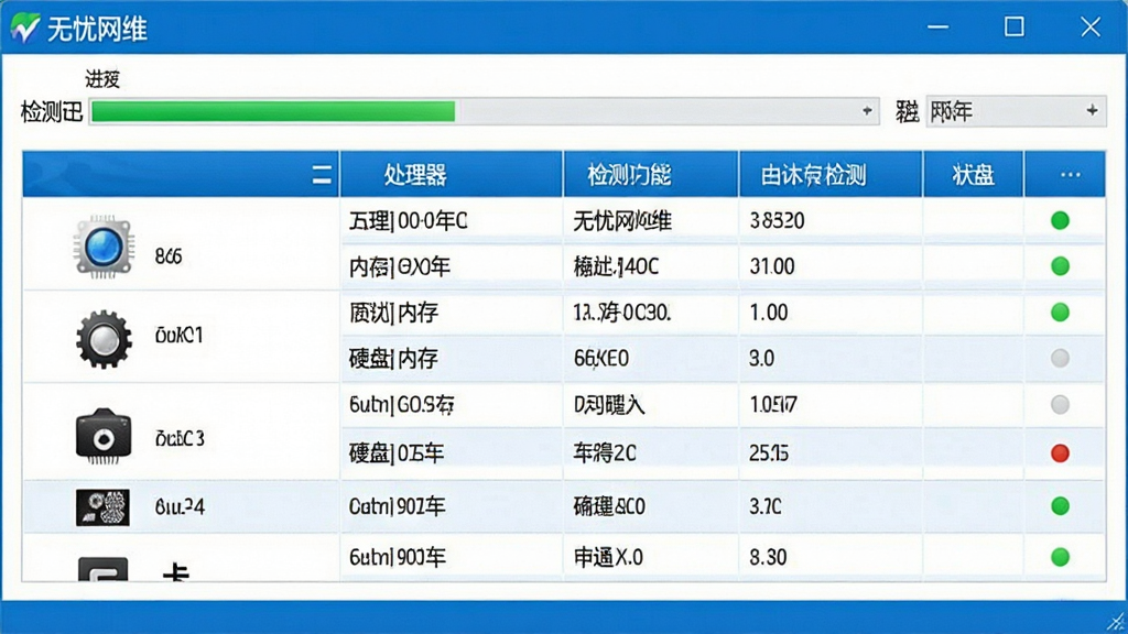 一张展示无忧网维系统检测功能的图片,画面中软件界面显示电脑硬件信息列表,包括处理器、内存、硬盘、显卡等参数,界面以蓝色和白色为主色调,数据以表格形式清晰排列,软件名称“无忧网维”显示在窗口标题栏,风格为软件功能截图,细节包括检测进度条、硬件图标、状态指示灯,画质清晰,干净,无多余元素