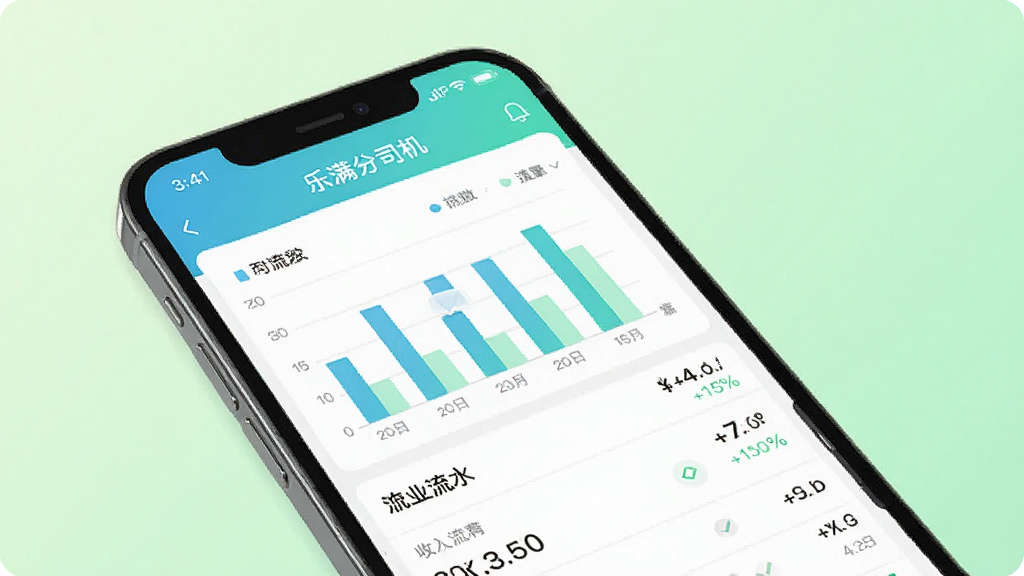 һ��չʾ������˾��APP����ͳ��ҳ���ͼƬ������Ϊ�ֻ���Ļ��д����Ļ����ʾ��״ͼ����ˮ�б������������ɼ�������Ϊ��͵�ǳ��ɫ���䣬������¼�࣬ϸ�ڵ�λ�����ʸ��壬�ɾ��޶���Ԫ�ء�