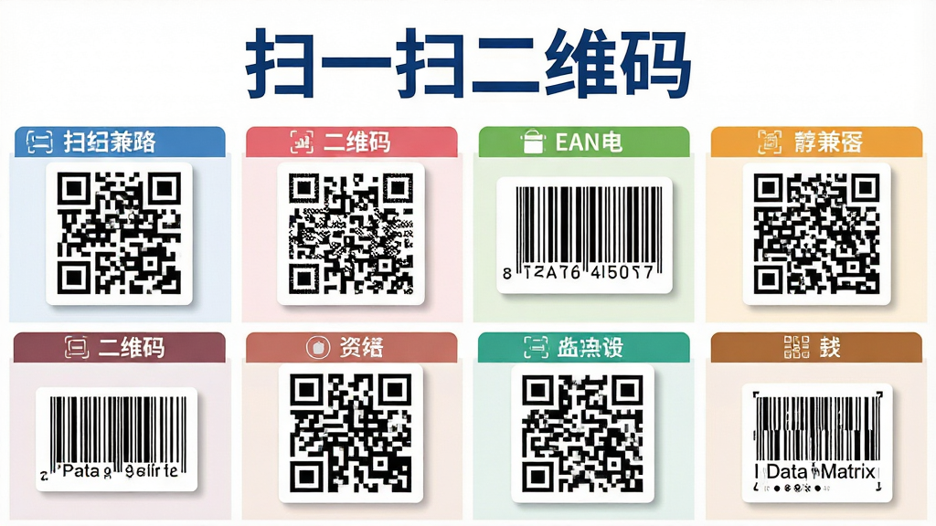 һ��չʾ��ɨһɨ��ά�롱�����Ƽ������Ե���Ϣͼ���������������Ų�ͬ��״�����͵��������ά�룬��������QR�롢������EAN�롢����ʽData Matrix�룬ÿ�����Ա�����Сͼ������ֱ�ǩ�����涥��������ɫ������д�ϡ�ɨһɨ��ά�롱�����ֲ�������״���У����Ϊ��ƽ����Ϣ��ƣ�ϸ�ڰ��������������������͵�ͶӰ�������ǩ��ɫ���֣�����Ϊ���壬����ɾ����޶���Ԫ��