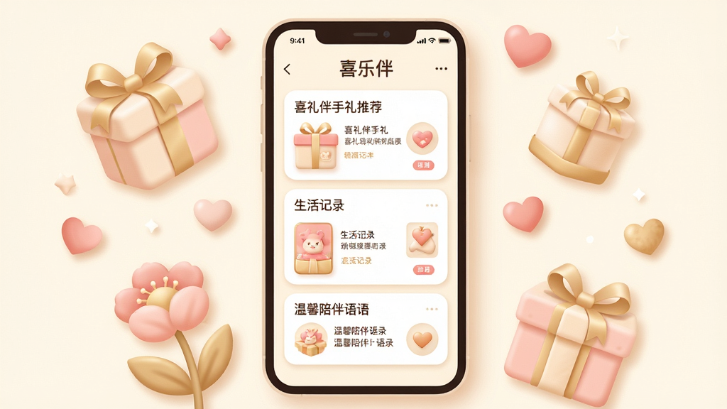 һ��չʾ�ֻ�Ӧ�ý���Ĳ廭������������һ�������ֻ�����Ļ����ʾ��ϲ�ְ顱Ӧ�õ���ҳ��ҳ�����ϲ��������Ƽ��������¼��Ƭ����ܰ�����¼����ģ�飬�ֻ���Χ��������С�����Ͱ��ĵ�װ��Ԫ�أ����岼�־��жԳƣ������ů���£�ɫ������͵��װס�ǳ�ۺ͵���Ϊ����ϸ�ڴ���ϸ�����Ӱ��Բ����ƣ����������ɾ����޶���Ԫ�ء�