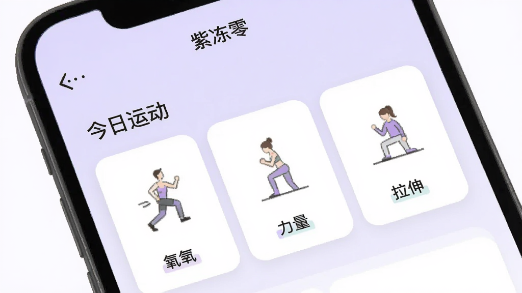 手机屏幕显示“紫冻零”运动计划页面,页面上有“今日运动”标题和三个运动项目卡片,分别标注有氧、力量和拉伸,每个卡片配有简单的动作示意图标,背景为淡紫色,整体排版清晰,风格扁平化,画质高清,无杂乱元素