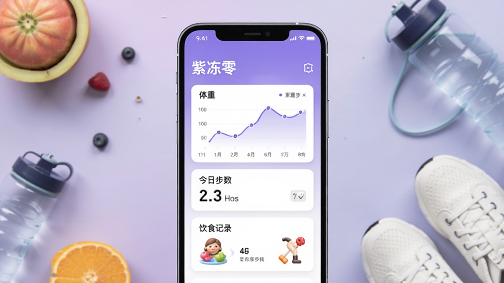 画面中央展示一部智能手机,手机屏幕上显示“紫冻零”应用的首页界面,界面中有体重曲线图、今日步数和饮食记录卡片,背景是柔和的紫色渐变,周围散落着水果、运动鞋和水杯等健康生活元素,整体风格清新简约,排版居中对称,画质高清,干净无多余元素