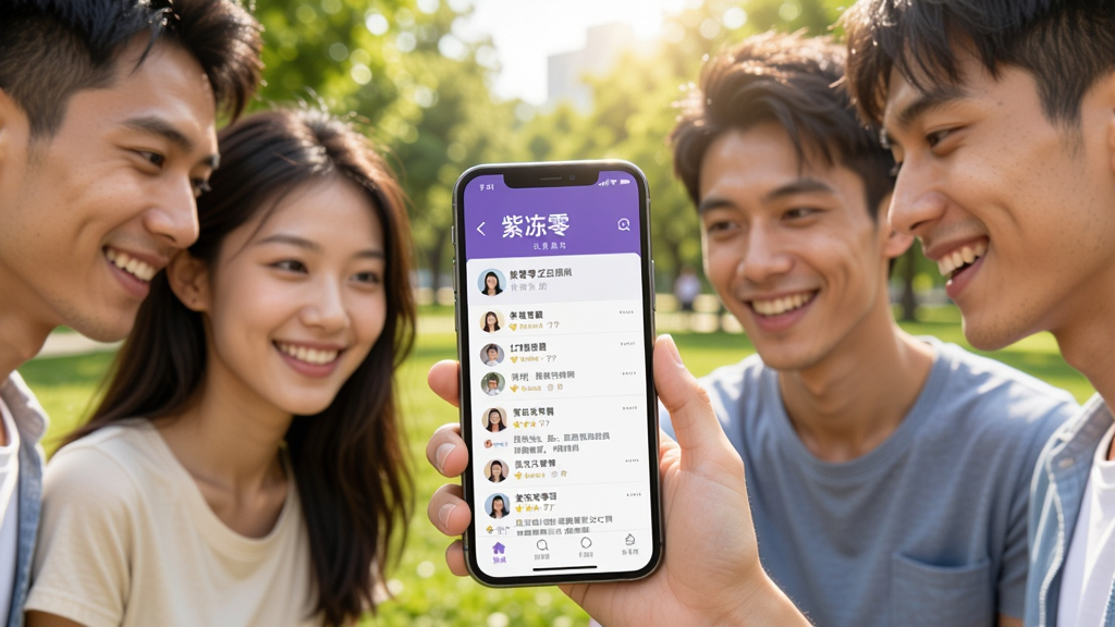 一群年轻人在户外公园里微笑着看手机,手机屏幕上显示“紫冻零”社区页面,页面中有用户头像和打卡动态,背景是绿树和阳光,整体氛围积极健康,风格明亮清新,画质高清,人物表情自然