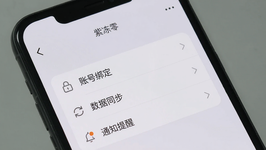 手机屏幕显示“紫冻零”的设置页面,页面上有“账号绑定”“数据同步”“通知提醒”等选项,背景为浅灰色,图标简洁,整体排版干净,风格极简,画质清晰,无多余装饰