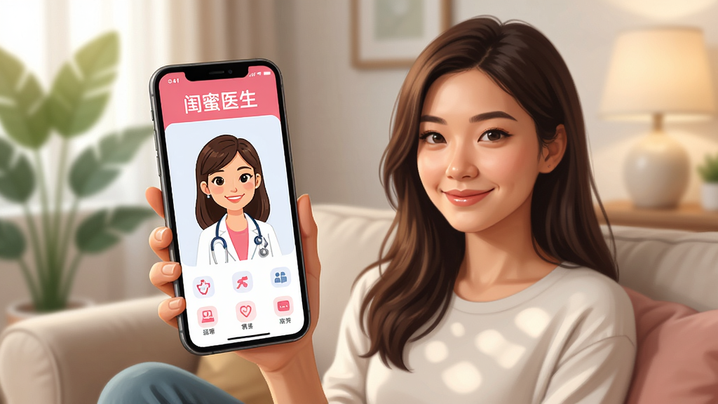 一位年轻女性坐在明亮的客厅沙发上,手持智能手机,屏幕上显示