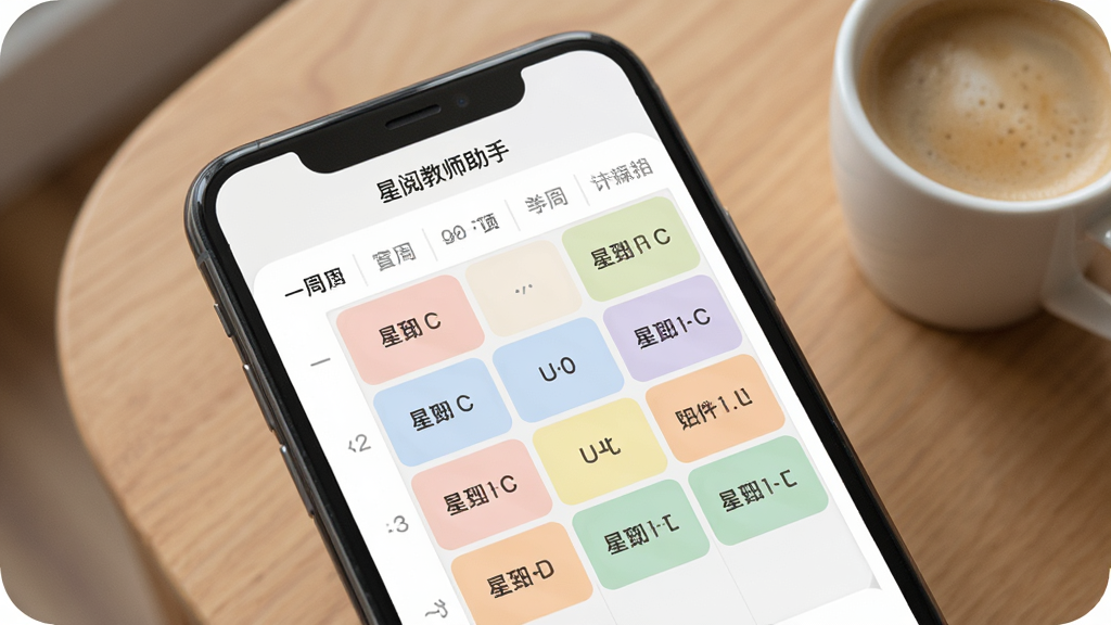 һ��չʾ���Ľ�ʦ���ֿγ̱����ܵ�ͼƬ������Ϊ�ֻ���Ļ��ʾһ�ܿγ̱��񣬲�ͬ��Ŀ�ò�ͬǳɫ�����֣������С����Ľ�ʦ���֡�С�ֱ�ʶ������Ϊľ�������һ�����ȣ�������Բ�ǣ��Ű����룬ϸ�ڵ�λ�����ʸɾ����޶���Ԫ��