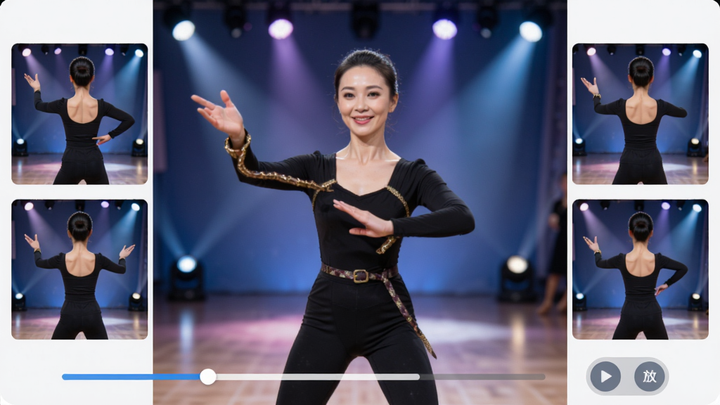 Э�������赸��ѧҳ��չʾ����������Ϊһλ�赸��ʦ����ʾ���㳡�趯������Ļ����ֲ����������Ƕ��ӽ�С�����·��н����������Ű�ť�����ֲ������½ṹ���Ű��������򣬷��רҵ���׺ͣ�ϸ����ͻ����ʦ������׼�뱳����̨�ƹ⣬���������������ɾ�������Ԫ��