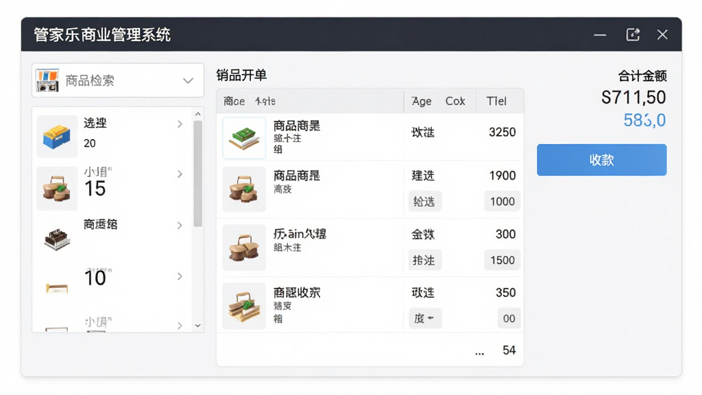 ���ۿ���������������棬����չʾ�ܼ�����ҵ����ϵͳ�����Ŀ������ڣ����Ϊ��Ʒ�������м�����ѡ��Ʒ��ϸ���Ҳ���ʾ�ϼƽ�����տť�����沼������������ִ�����ϸ�ڷḻ�����������ɾ����޶���Ԫ��