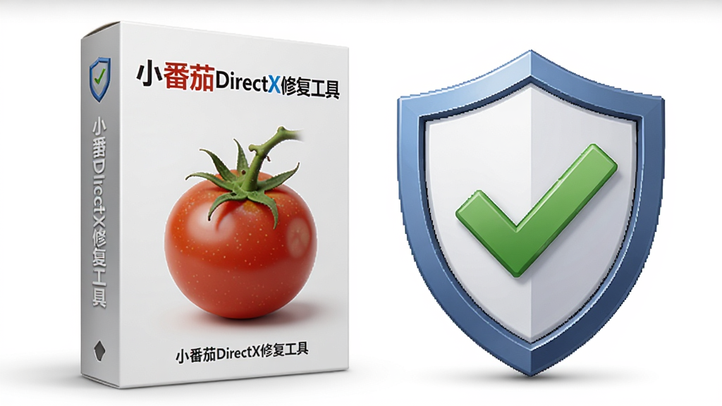 一张AI生成的产品特点展示图,画面中“小番茄DirectX修复工具”的包装盒形象与盾牌图标并排展示,盾牌上有绿色对勾,背景为白色,风格清新干净,布局居中,细节精致,画质明亮,无多余元素