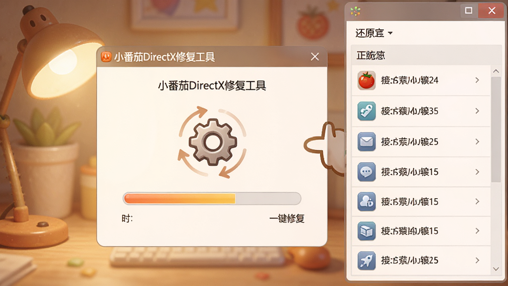 一张AI生成的操作场景图,画面展示“小番茄DirectX修复工具”正在执行一键修复,界面中央有进度条和旋转的齿轮图标,右侧显示正在还原的组件列表,整体采用暖色调灯光,风格友好亲切,布局清晰,画质细腻,无多余元素