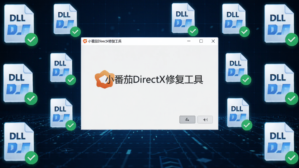 一张AI生成的软件功能展示图,画面中“小番茄DirectX修复工具”的界面悬浮在屏幕中央,周围环绕着发光的DLL文件图标和绿色对勾标记,背景为深蓝色科技感网格,布局对称,风格现代简约,细节清晰,画质干净,无多余元素