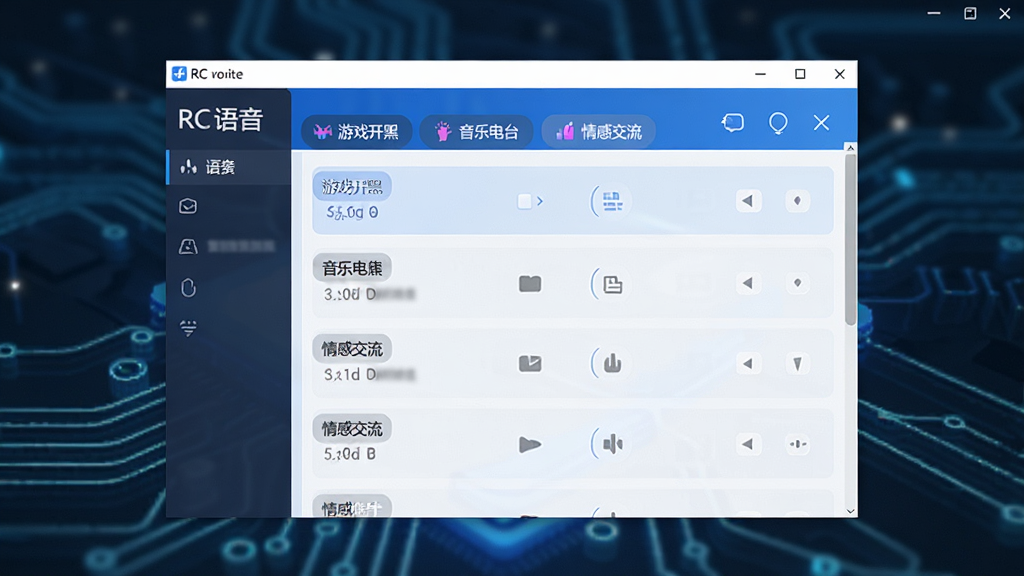 一张展示RC语音软件主界面的图片,画面中央是软件窗口,窗口内显示多个语音房间列表,有游戏开黑、音乐电台、情感交流等分类标签,界面风格现代简洁,色彩以蓝色和白色为主,背景是模糊的科技感线条,画质清晰,干净,无多余元素