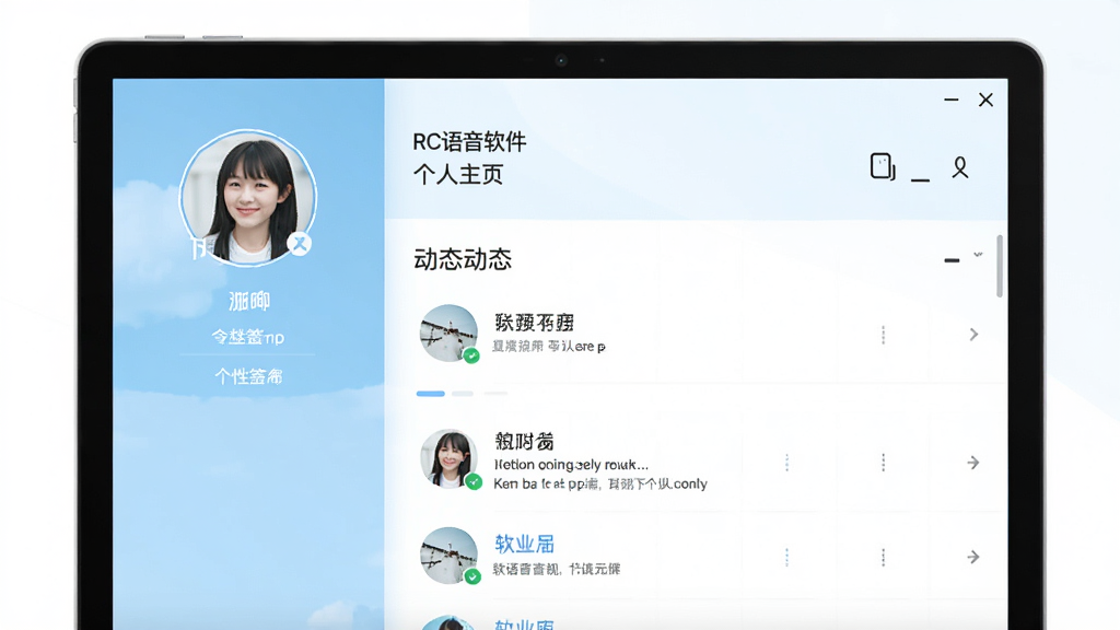 RC语音软件个人主页界面,展示用户头像、昵称、个性签名、动态列表等,界面风格清新,色彩以浅蓝和白色为主,布局清晰,画质清晰,干净,无多余元素