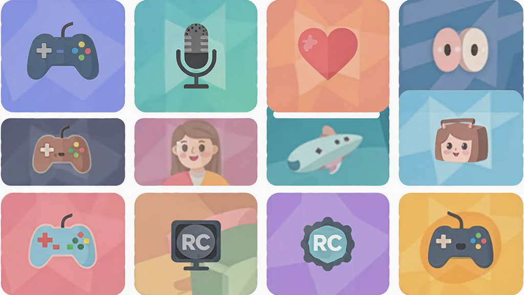 RC语音软件内多个语音房间的缩略图,展示不同主题的房间封面,如游戏手柄图标、麦克风图标、爱心图标等,布局为网格状排列,风格扁平化设计,色彩丰富但柔和,画质清晰,干净,无多余元素