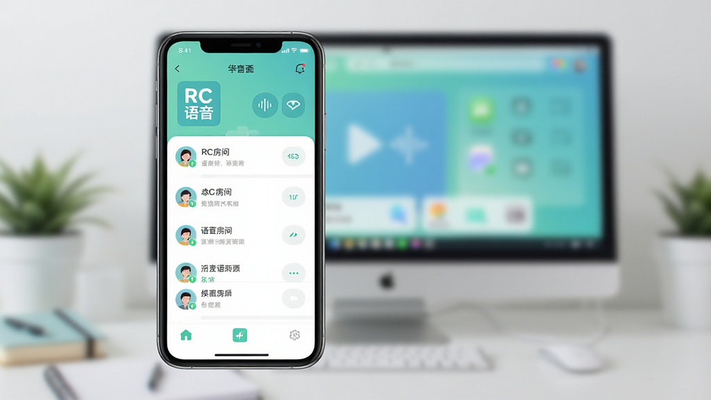 RC语音移动端APP界面展示,手机屏幕内显示语音房间列表和底部导航栏,界面风格与PC端一致,色彩清新,布局合理,画质清晰,干净,无多余元素