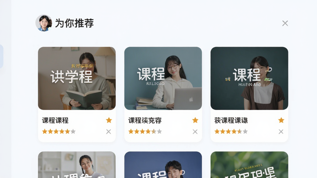 ���Ի�ѧϰ�Ƽ�����չʾͼ�����������ǹ�ѧ��ƽ̨���Ƽ�ҳ�棬��ʾ���ſγ̿�Ƭ��ƥ������У�ÿ�ſ�Ƭ���пγ̷�������֣�ҳ�涥�����û�ͷ���