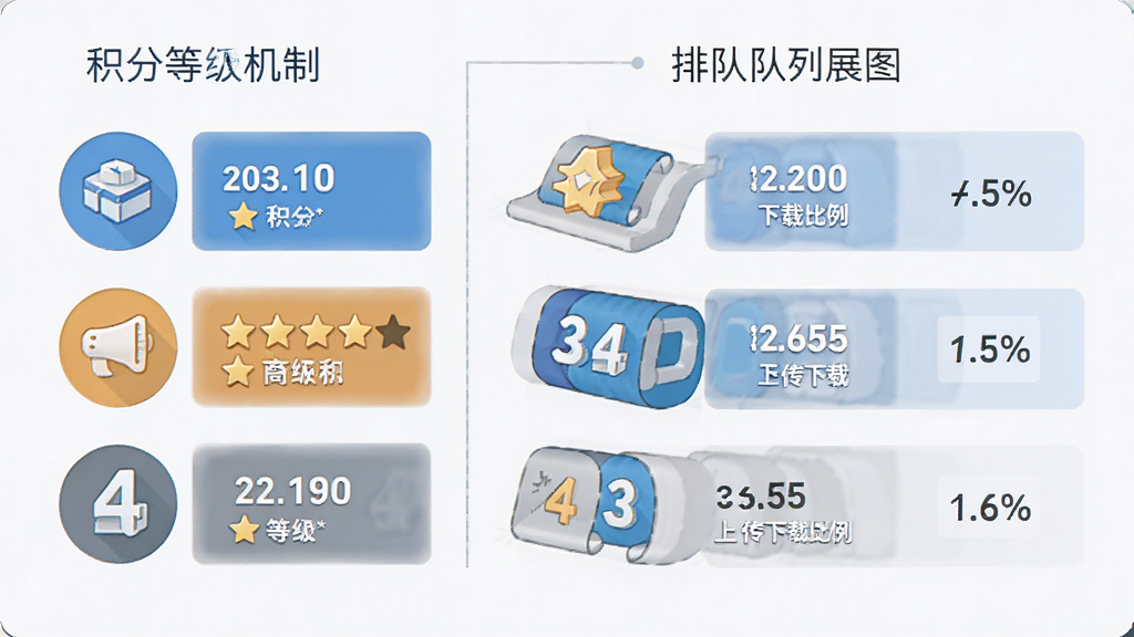 软件电驴的积分排队机制示意图,主体为积分等级与排队队列,布局采用横向对比结构,左侧为积分等级图标,右侧为排队队列展示,排版为信息图表风格,风格为现代简约,细节包括积分数字、星星等级、队列位置标识、上传下载比例,画质为高清,画面干净,无多余元素