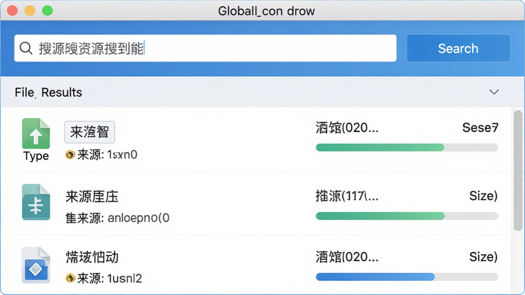 软件电驴的全球资源搜索功能界面,主体为搜索框与结果列表,布局采用上下结构,上方为搜索输入区域与搜索按钮,下方为文件结果列表展示,排版为软件界面风格,风格为清新科技感,细节包括文件类型图标、来源数量标注、文件大小显示、进度条预览,画质为高清,画面干净,无多余元素